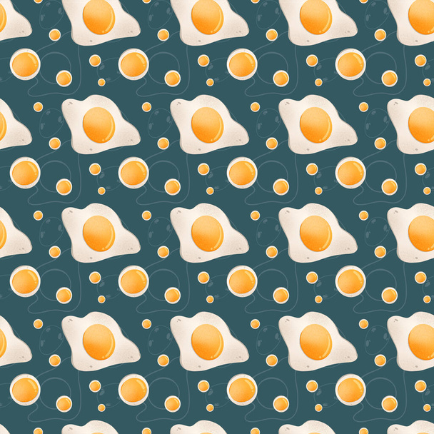 Bright seamless fried egg pattern. Digital art on a green background. Print for textiles, wrapping paper, decoration, web, cards, banners, restaurants, kitchens. - Photo, Image