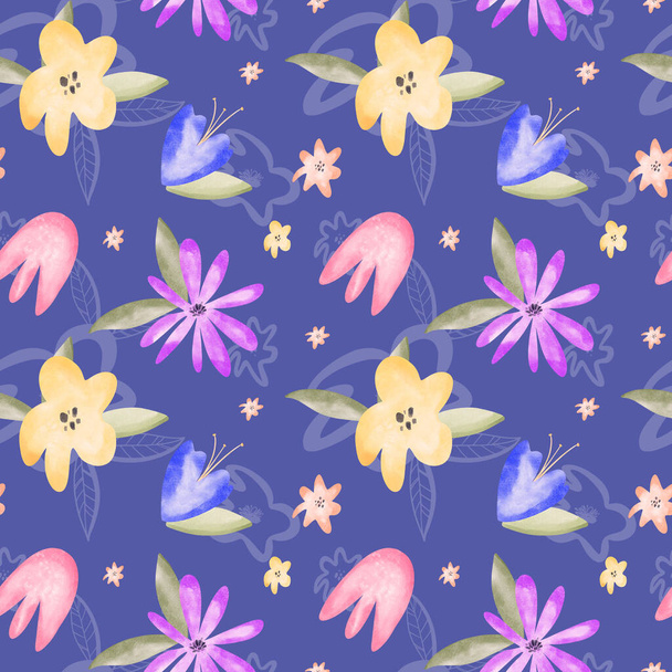 Colored flower buds watercolor texture digital art digital seamless pattern on blue background. Print for fabrics, banners, web design, posters, invitations, cards, stationery, wrapping paper. - Φωτογραφία, εικόνα