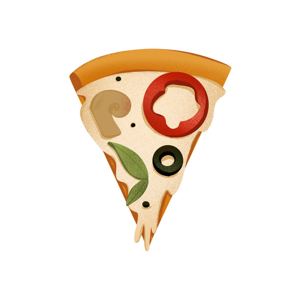 Sappige driehoekige plak pizza met peper, champignons, olijven en kaas strekkende textuur digitale kunst. Print voor kaarten, banners, posters, menu 's, restaurants, keuken, stoffen, stickers. - Foto, afbeelding