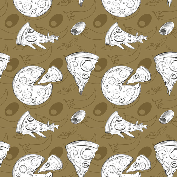Pizza saumaton doodle luonnos pattren ruskealla taustalla. Tulosta bannereihin, käärepaperiin, julisteisiin, kortteihin, kutsuihin, kankaisiin, kahviloihin, ruokalistoihin, ravintoloihin, web-suunnitteluun
. - Valokuva, kuva