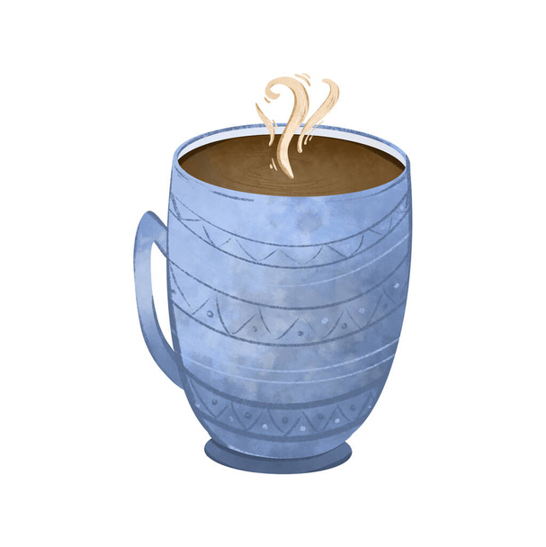 Cozy blue cup of tea, coffee. Kawaii cute texture digital art. Print for stickers, cards, menus, posters, restaurants, cuisine, web design, party, textile, washing tape. - Photo, Image