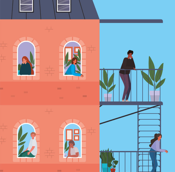 Люди з видом на вікна з балконами з червоної будівлі Векторний дизайн
 - Вектор, зображення