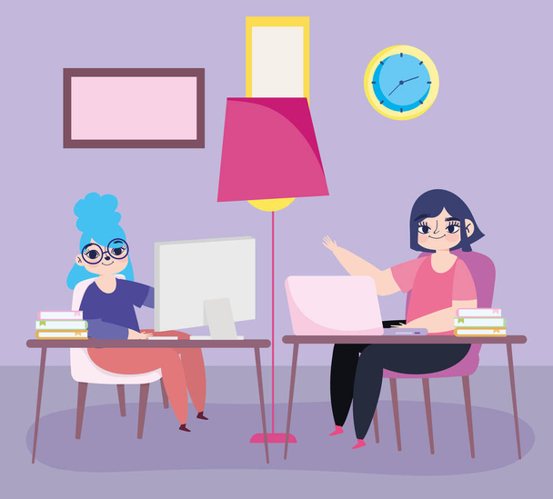 werken op afstand, jonge vrouwen met laptops in bureau klok en lamp - Vector, afbeelding