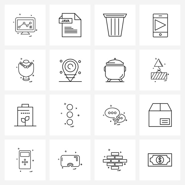 Mobile UI Line Icon Set of 16 Modern Pictograms of jewel, necklace, dustbin, video, phone Vector Illustration - Vector, Image
