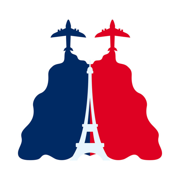 Bastille Günü konsepti, Fransız bayraklı uçak ve Eyfel kulesi ikonu, düz stil. - Vektör, Görsel
