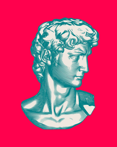Verde vintage grabado dibujo busto cabeza de David escultura cara lateral vector ilustración aislado sobre fondo rojo brillante estilo retro
 - Vector, Imagen