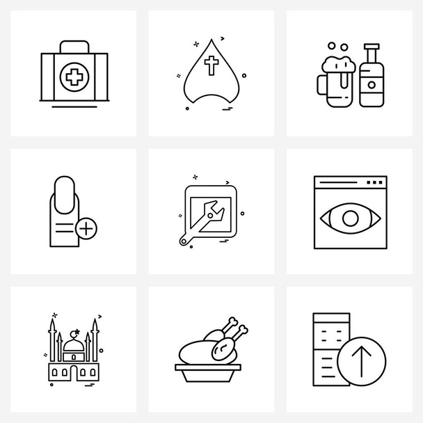 9 Interface Line Icon Set of modern symbols on gear, medical, alcohol, manicure, French Vector Illustration - Vektor, kép