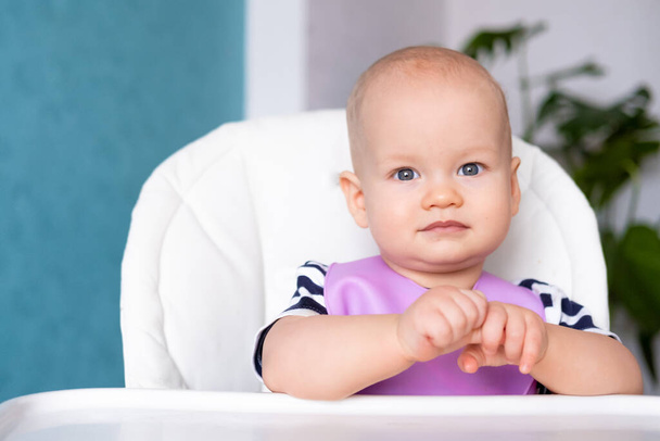  baby food. little smiling caucasian baby girl in pink bib on highchair at home. looking at camera. Newborn infant kids - Fotografie, Obrázek