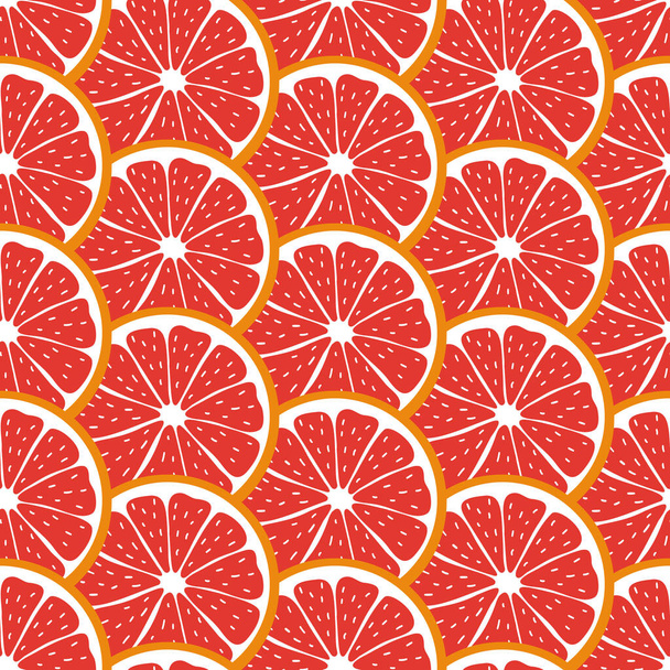 Seamless pattern with sliced pieces of grapefruit. Bright background citrus tropical fruits. Stock vector illustration. For modern designs of backgrounds, greeting cards, prints, packaging, textiles. - Vector, Image