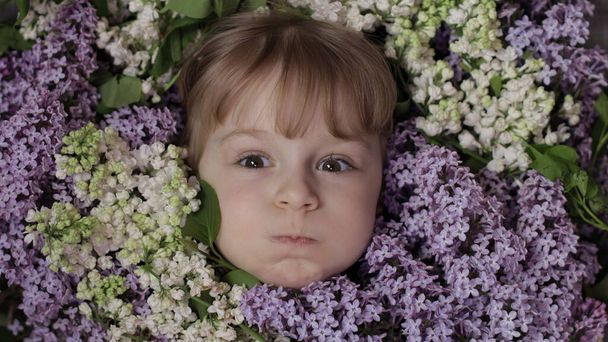 Roztomilé dívka dítě hledá z kytici šeříku květiny kolem jejího obličeje - Fotografie, Obrázek