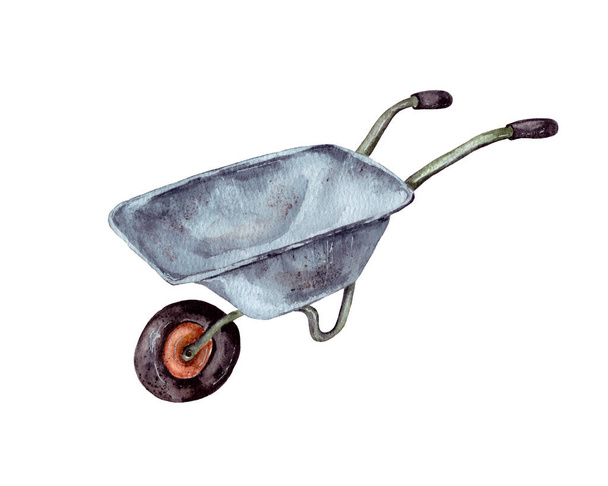 watercolor illustration drawn by hand. gardening supplies, tools. garden wheelbarrow for transportation of cargo metallic gray color with one wheel, insulated - Photo, Image