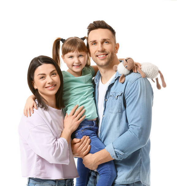 Happy couple with little adopted girl on white background - Photo, Image