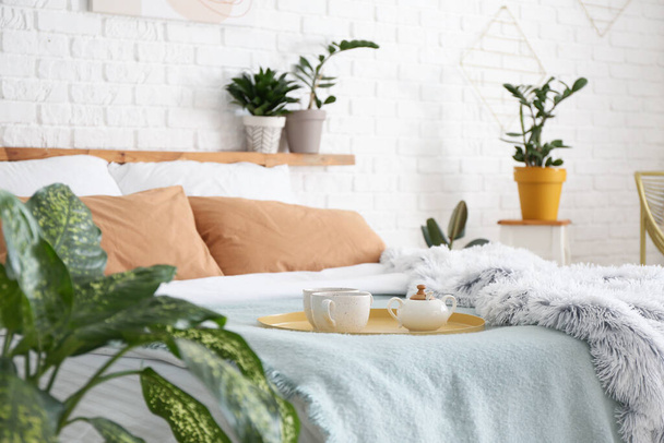 Интерьер современной стильной спальни с комнатными растениями
 - Фото, изображение