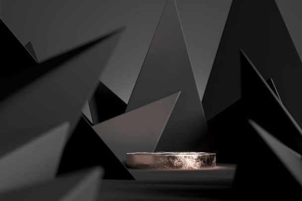 Zlatá kulatá přehlídka s prázdným prostorem na podstavci na černém pozadí v blízkosti ostré trojúhelníkové abstraktní figury. 3D vykreslování - Fotografie, Obrázek