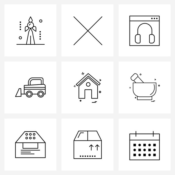 Isolated Symbols Set of 9 Simple Line Icons of house, constructions, communication, tools, bulldozer Vector Illustration - Vetor, Imagem