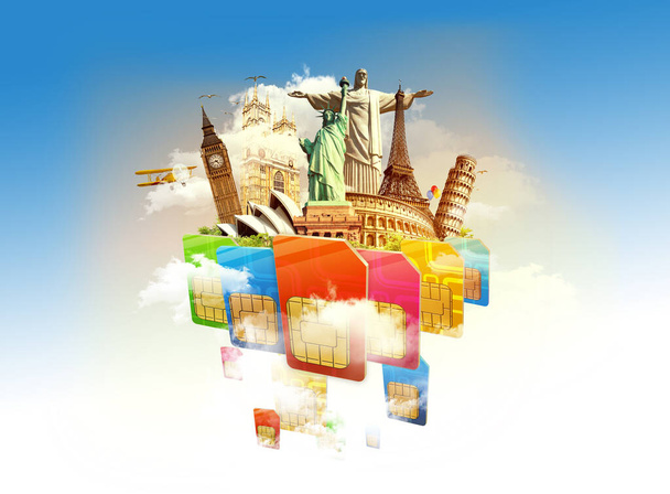 Phone Sim cards and famous monuments of the world grouped together, aircraft flying around it in the clouds. Magical nature concept. Artistic design illustration manipulation - Photo, Image
