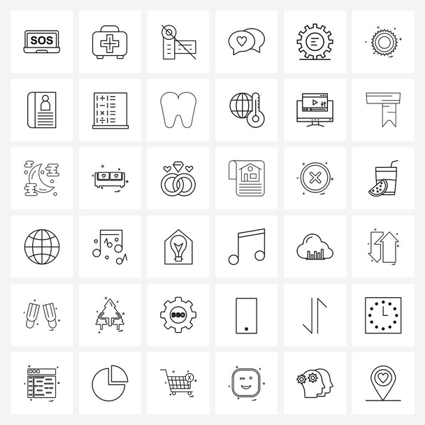 Pixel tökéletes készlet 36 Vektor vonal ikonok, mint a fogaskerék, üzlet, fogyatékosság, esküvő, szerelem vektor illusztráció - Vektor, kép