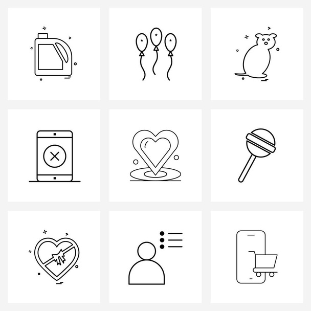 UI Set of 9 Basic Line Icons of romance, heart, animal, rejected, message Vector Illustration - Vector, Image
