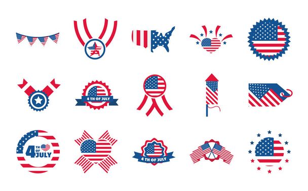 4. Juli Unabhängigkeitstag, Feier Ehren Denkmal amerikanische Flagge Ikonen setzen flache Stil-Ikone - Vektor, Bild