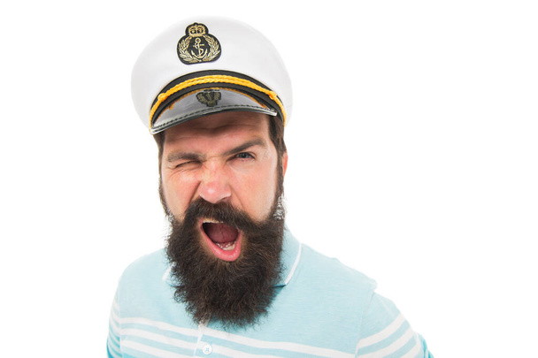 Winking sailor copy space. Bearded sailor isolated on white. Navy and marine. Sea adventures concept. Sailor or seaman with long beard and mustache. Work as sailor. Professional mariner. Sea food - Zdjęcie, obraz