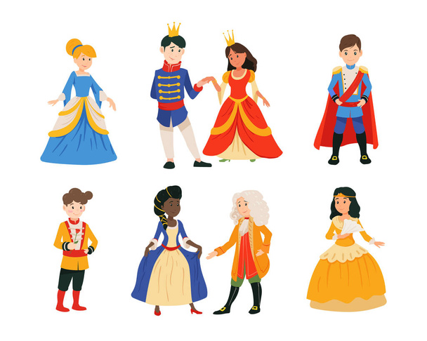 Conjunto de niños lindos en traje de príncipe con corona, niñas en princesa vestido aislado sobre fondo blanco
. - Vector, imagen