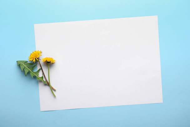 Fresh dandelions and paper sheet on color background - Φωτογραφία, εικόνα