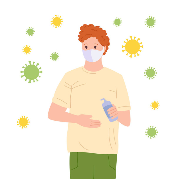 Maskierter junger Mann benutzt einen Desinfektionsmittel-Cartoon-Vektor - Vektor, Bild