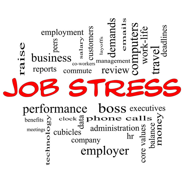 Conceito de nuvem de Word de estresse de trabalho em tampões vermelhos
 - Foto, Imagem