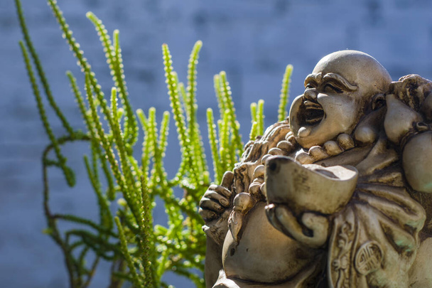 Un Buda gordo decorando la casa de un jardín con algunas plantas
 - Foto, Imagen