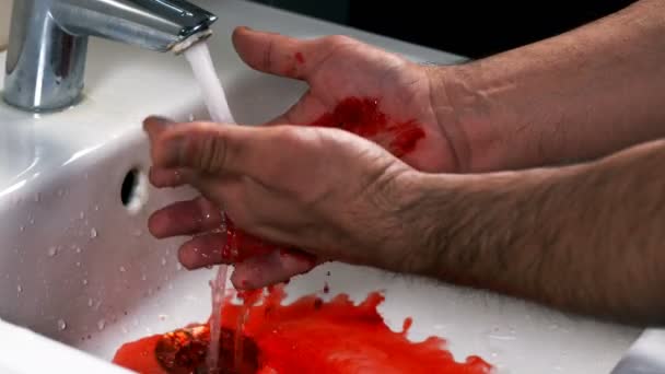Washing Bloody Hands on Bathroom Faucet - Footage, Video