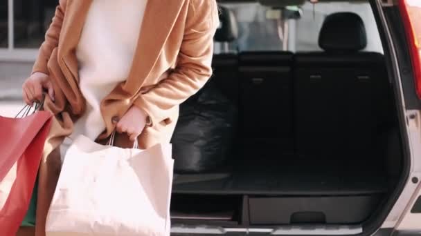 Mulher feliz shopoholic é com sacos de compras no carro
 - Filmagem, Vídeo