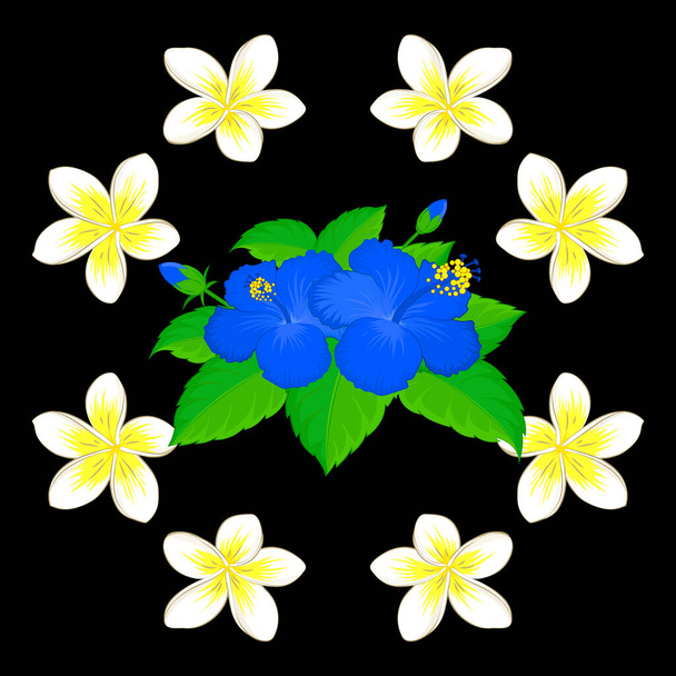 Modello floreale vettoriale senza cuciture con fiori di piumeria e foglie su sfondo nero. - Vettoriali, immagini