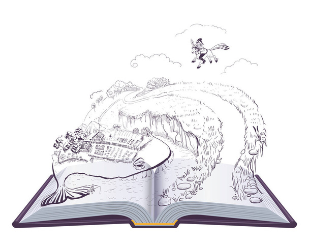Little humpbacked horse Russian fairy tale. Open book illustration - Vector, Image