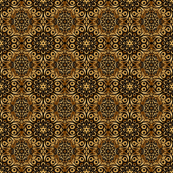 黒の背景に金色の繰り返し要素を持つ抽象的なシームレスなパターン。ヴィンテージブラックとゴールドのパターン。オリエンタルベクトル古典パターン. - ベクター画像