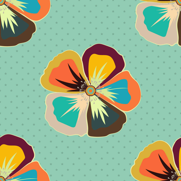 Modern motley floral seamless pattern in blue, beige and orange colors. Floral print. Repeating vector cosmos flowers pattern. - Vector, Image