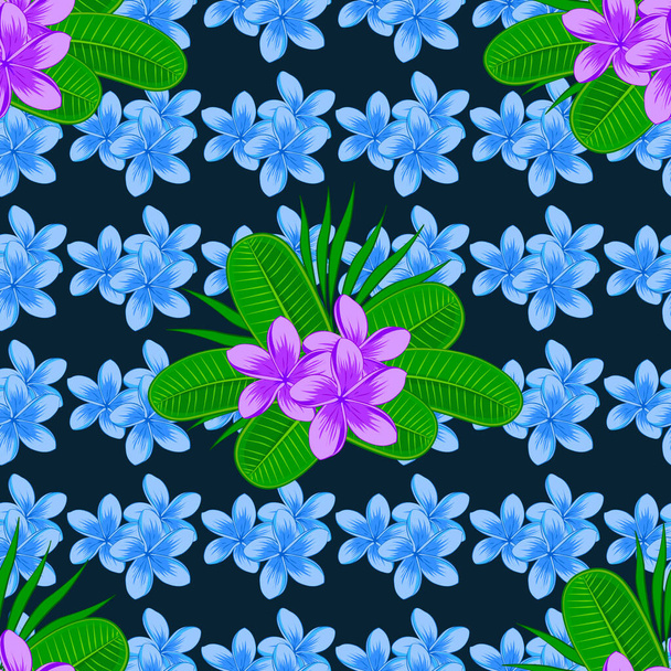 花の背景。青い背景に可愛いプルメリアの花でシームレスベクトルパターン. - ベクター画像