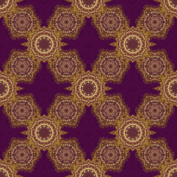 金と紫の色の伝統的な古典的なパターン。ベクトルイラスト。紫色の背景にバロック様式の装飾シームレスなパターンの東洋の装飾. - ベクター画像