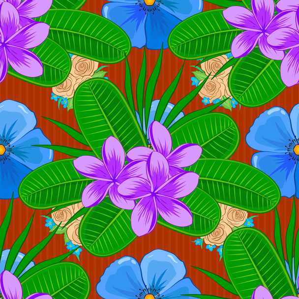 Vintage seamless pattern in green, blue and orange colors. Hand written vector plumeria flowers, stamps, keys. - Vector, Image