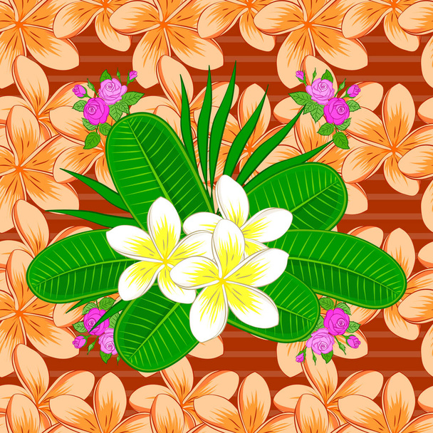 Decorative art for fabric, textile, wrapping paper. Vector striped seamless pattern with plumeria flowers. Floral wallpaper in green, orange and beige colors. Traditional oriental seamless pattern. - Vecteur, image
