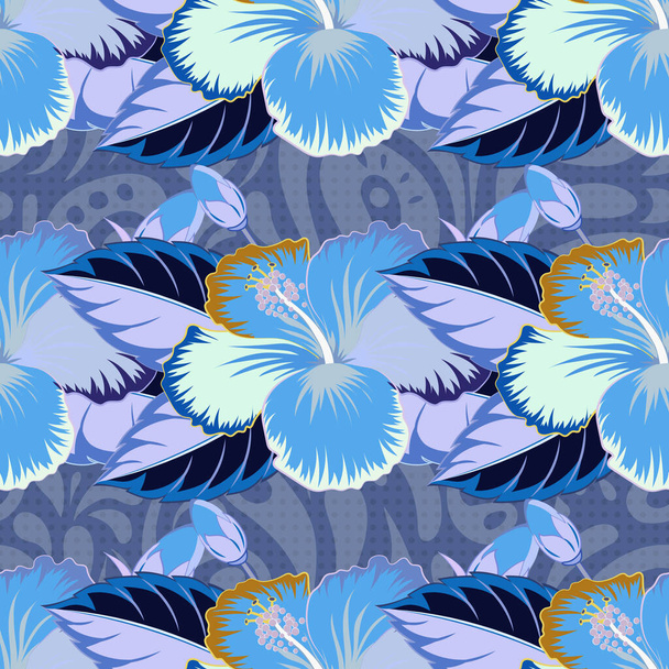 Naadloos bloemenpatroon. Vector naadloos patroon met violet, blauw en grijs hibiscus. Bloemen achtergrond in violette, blauwe en grijze kleuren. Naadloos bloemenpatroon. - Vector, afbeelding