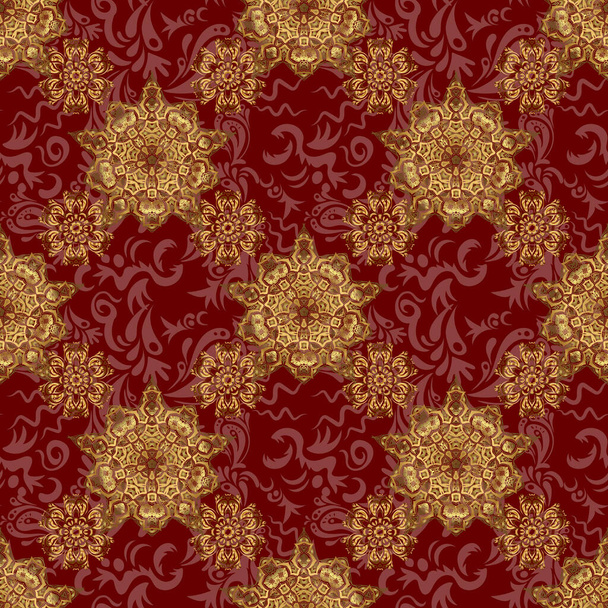 Vector greed and vignette for design. Golden floral seamless pattern. Ornate decor for invitations, greeting cards, thank you message. Elements in Victorian style on a red backdrop. - Vektor, kép