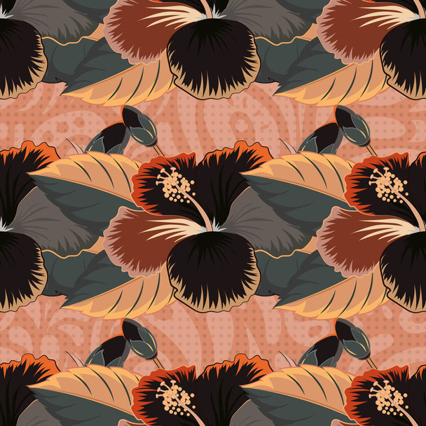 Trendy seamless floral pattern. Vector illustration with many orange, gray and beige hibiscus flowers. - Vector, Image
