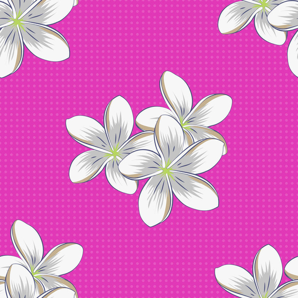 Vector plumeria flower seamless pattern in gray, magenta and green colors. - ベクター画像