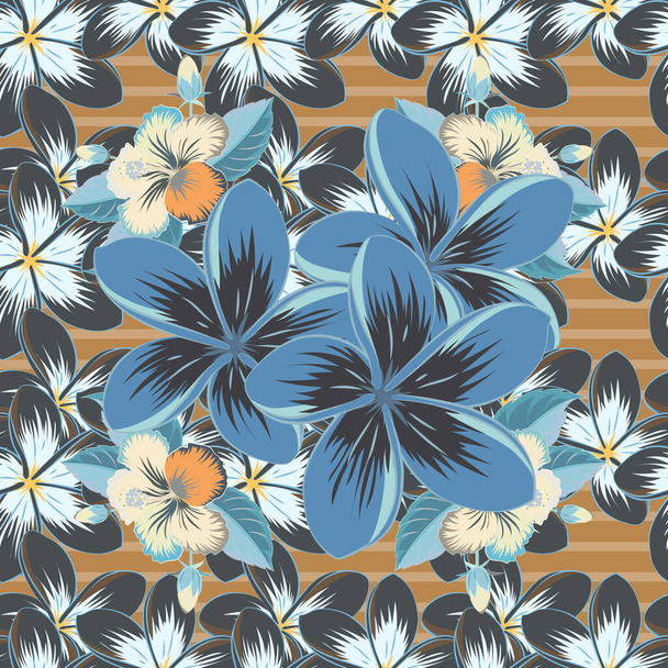 Vector illustration. Soft watercolor plumeria flower print - seamless pattern in blue, gray and beige colors. - Вектор, зображення