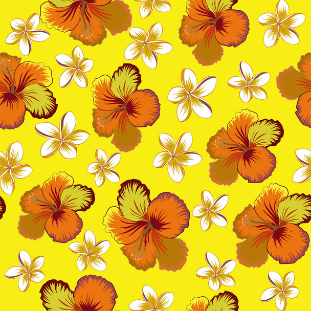 ベクトルイラスト。オレンジ、黄色、赤の花とシームレスなパターン。オレンジ、黄色、赤ハイビスカスの花のベクトル図. - ベクター画像