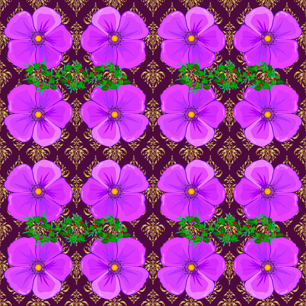 Vector illustratie. Naadloos bloemenpatroon met gestileerde kosmos bloemen in violette, paarse en groene kleuren. - Vector, afbeelding