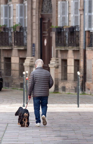 Чоловік вигулює свого собаку рано вранці, коли все місто ще спить
 - Фото, зображення