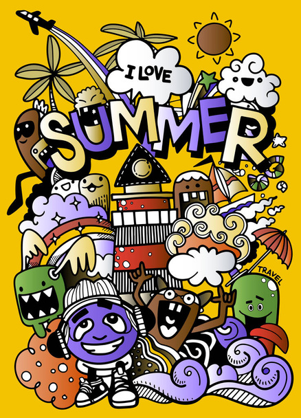 Vector illustration with hand drawn doodle cute Monster and summer elements - Vector, Image