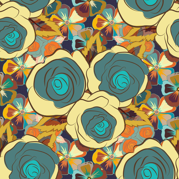Vector background illustration. Nature rose flowers. Abstract seamless pattern in yellow, blue and brown colors. - Vector, Image