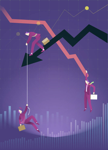 Business concept vector illustration. Chart Falling businessman and falling down arrow. Crisis graphic. Business fail. - Vector, Image
